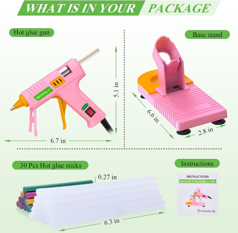 MONVICT Pink Hot Glue Gun Kit, Mini Glue Gun with Suction Cups Stand Anti Stick Silicone Mat, Hot Melt Glue Gun with Fine Tip & 30 Glue Sticks, On/Off Switch Design for DIY, Craft, Home School Project - Image 3